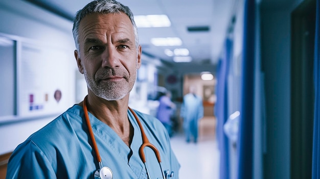 Arafed male doctor in scrubs standing in a hospital hallway