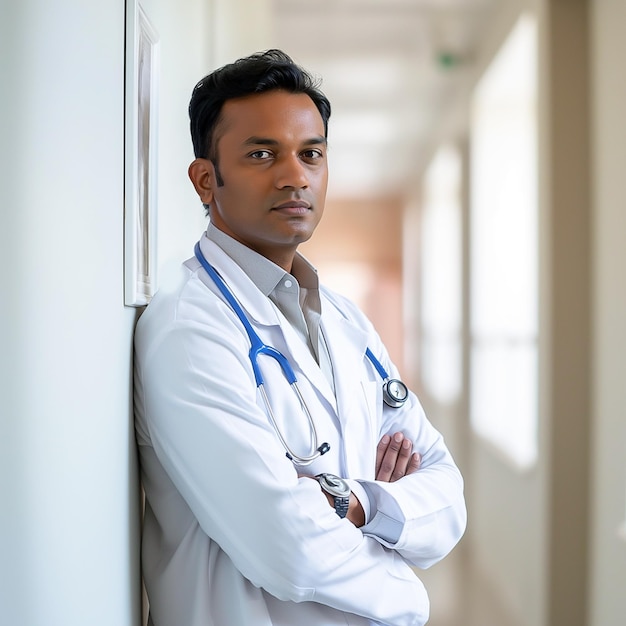 Arafed male doctor standing in a hallway with his arms crossed