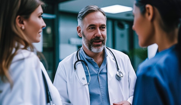 Arafed male doctor talking to two women in a hospital