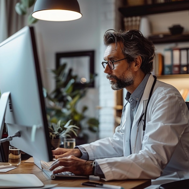 arafed male doctor working on a computer in a dark room generative ai