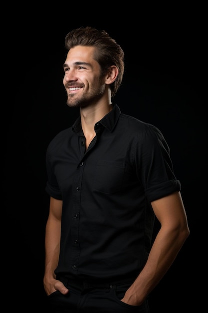 Arafed Man In Black Shirt Smiling And Looking Up