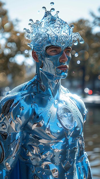 arafed man in blue body paint with a crown on his head generative ai