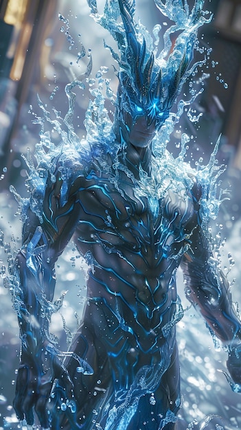 arafed man in a blue costume is standing in the water generative ai