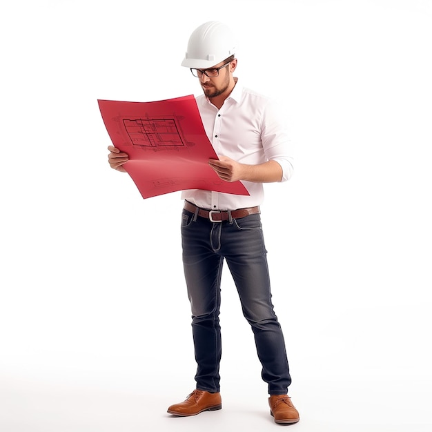 Arafed man in a hard hat and glasses holding a red paper