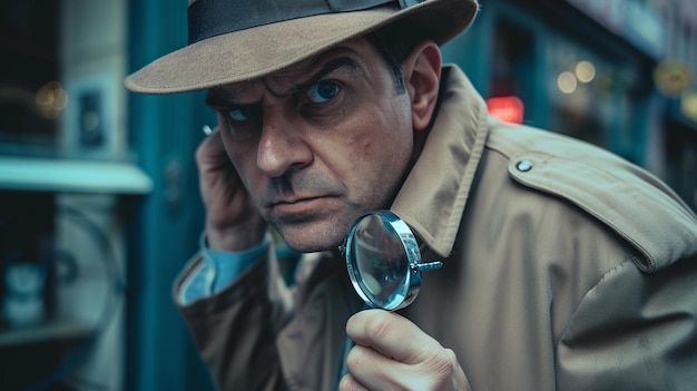 Photo arafed man in a hat and trench coat holding a magnifying glass generative ai