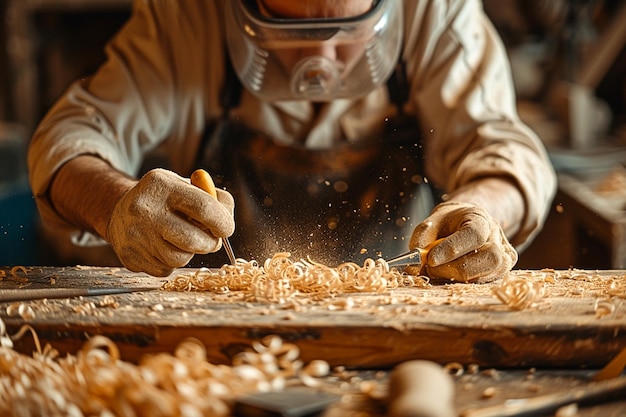 Arafed man in a helmet working on a piece of wood