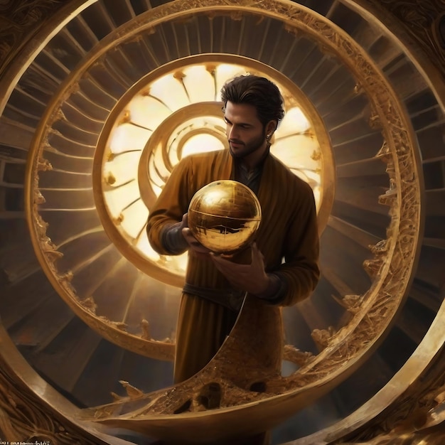 arafed man holding a golden globe in a golden spiral octane render pinterest by Anne Stokes