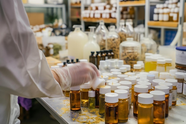 arafed man in a lab coat and gloves is putting a container of medicine generative ai