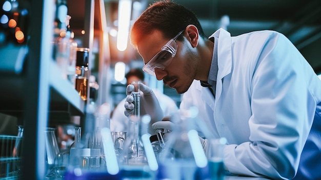 Arafed man in a lab coat and goggles looking at a pipe