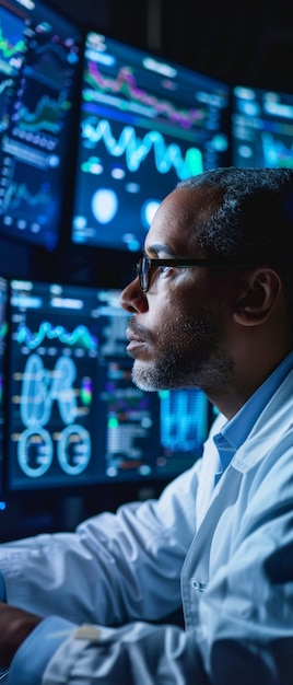 arafed man in lab coat looking at multiple monitors with multiple screens generative ai