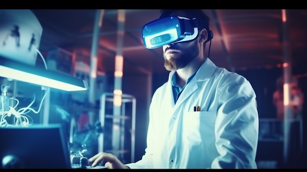 Arafed man in lab coat using a laptop computer with a virtual reality headset generative ai