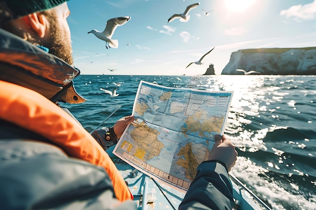 Photo arafed man looking at a map while on a boat with seagulls flying overhead