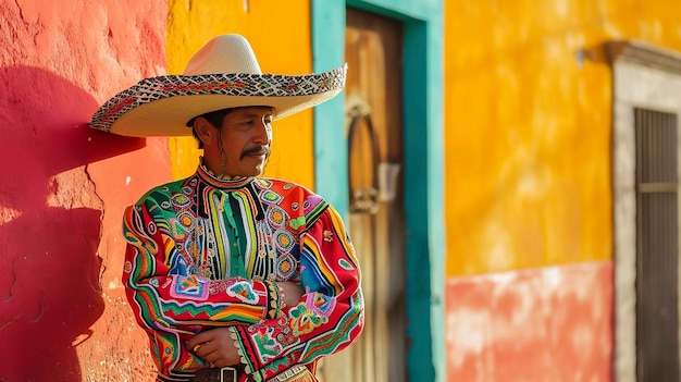 Arafed man in a mexican outfit leaning against a colorful wall