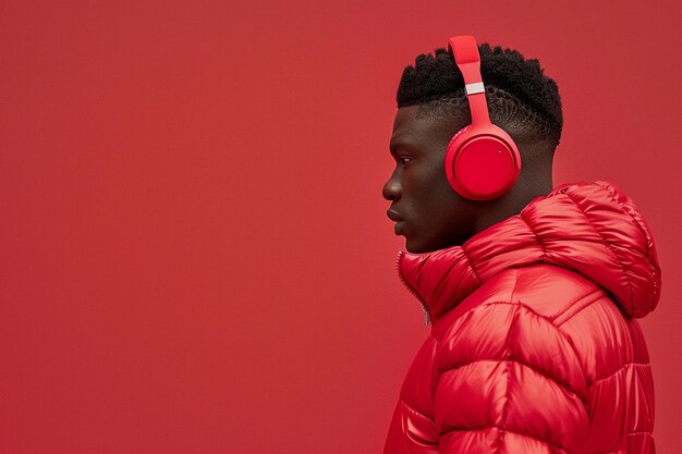 arafed man in a red jacket with headphones on generative ai