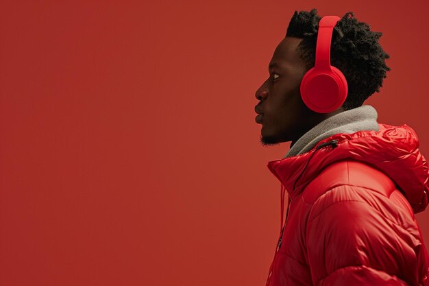 arafed man in red jacket with red headphones on generative ai