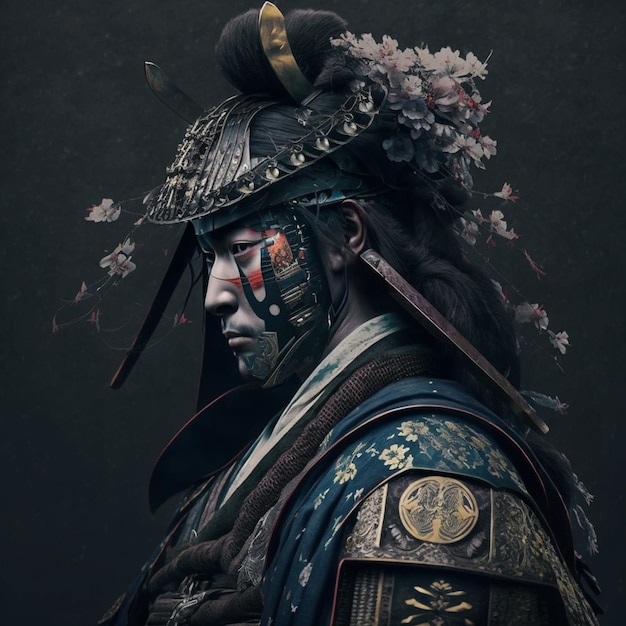 arafed man in a samurai costume with a flower crown on his head generative ai