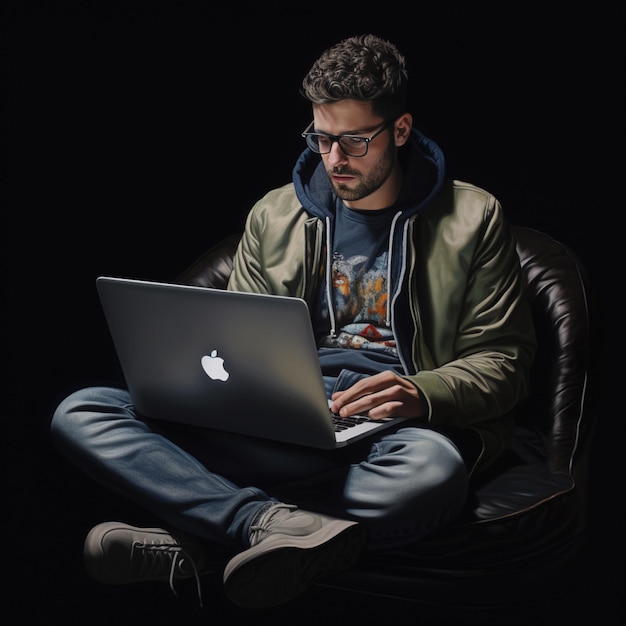 arafed man sitting on a chair using a laptop computer generative ai