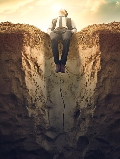 Photo arafed man sitting on a crack in the ground with a sky background