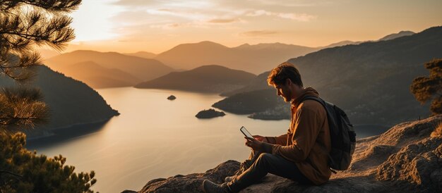 arafed man sitting on a rock looking at his cell phone generative ai