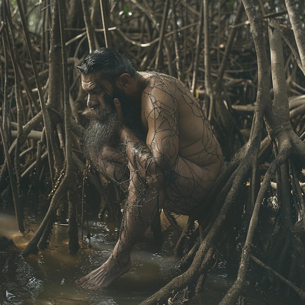 arafed man sitting in a swamp with a beard and a tattoo on his chest generative ai