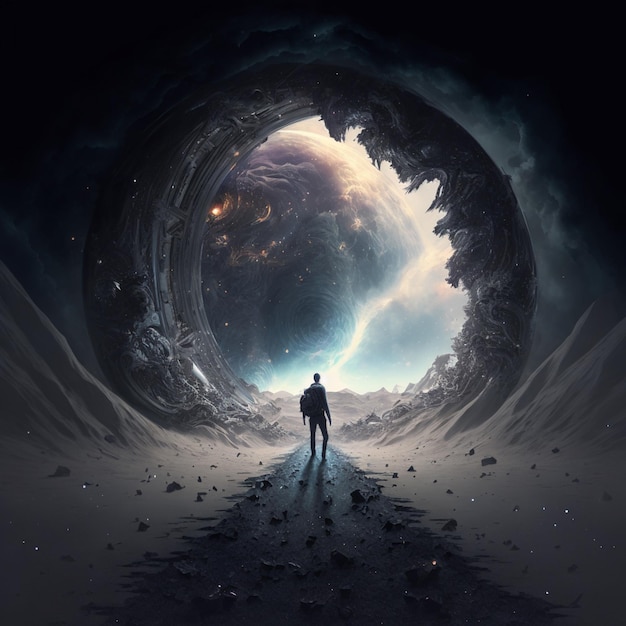 arafed man standing in a dark cave looking at a planet generative ai