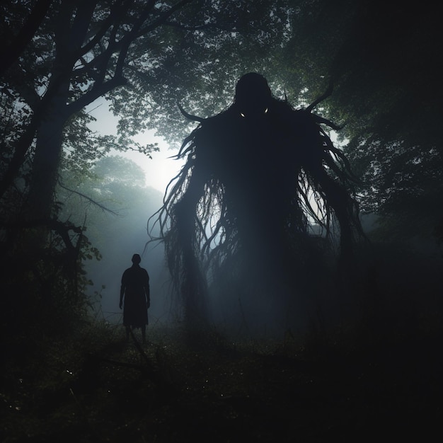 Arafed man standing in the dark in a forest with a giant tree generative ai