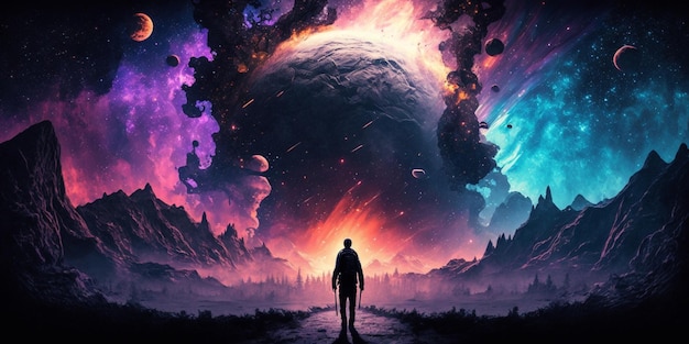 Arafed man standing in front of a huge planet with a huge explosion generative ai