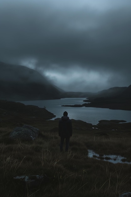 arafed man standing on a grassy hill overlooking a lake generative ai