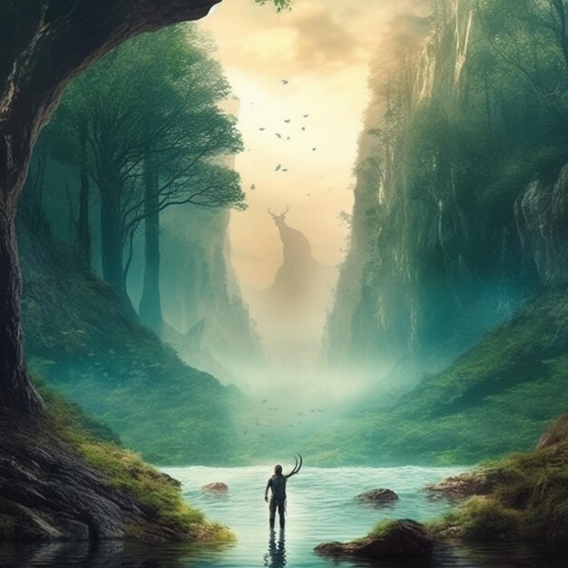 Arafed man standing in a river with a deer in the middle of a forest generative ai