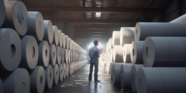 Arafed man standing in a warehouse with rolls of paper generative ai