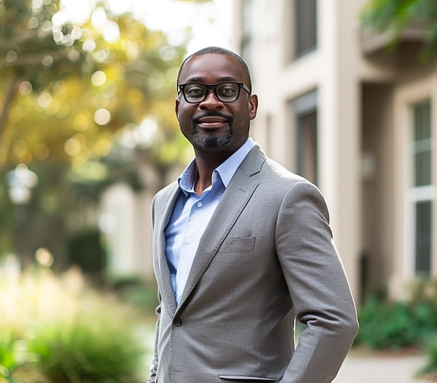 Arafed man in a suit and glasses standing in front of a building