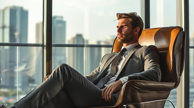 Arafed man in a suit sitting in a chair in front of a window