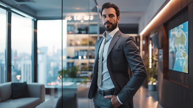 Arafed man in a suit standing in a large room with a city view