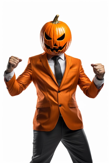 arafed man in a suit and tie with a pumpkin on his head generative ai