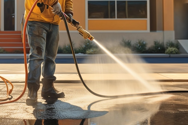 Arafed man using a hose to clean a puddle of water generative ai