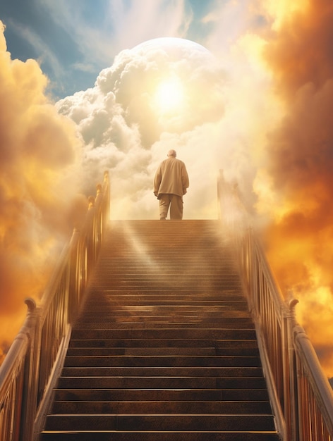 arafed man walking up a flight of stairs towards a bright sky generative ai