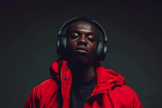 arafed man wearing headphones and a red jacket generative ai