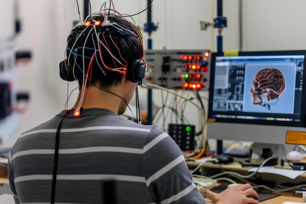 arafed man wearing headphones and using a computer with a brain scan generative ai