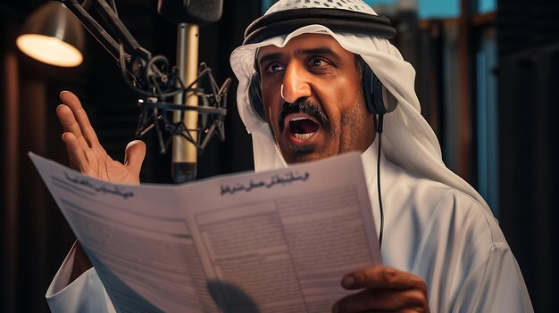 Photo arafed man in a white robe reading a paper in front of a microphone