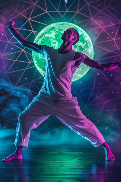 Photo arafed man in white shirt doing yoga pose in front of a full moon generative ai