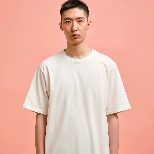 Arafed man in a white t shirt standing against a pink background Pink tshirt mockup