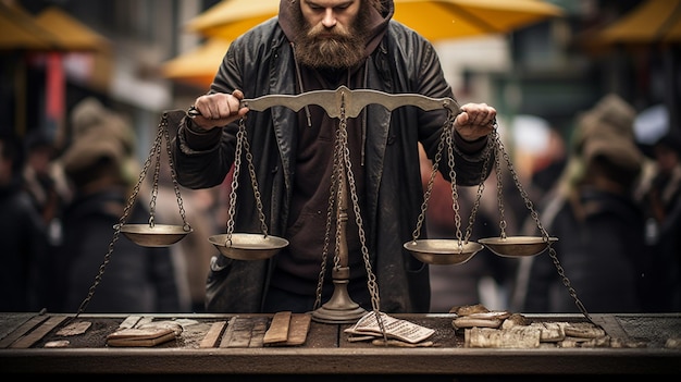 Photo arafed man with a beard and a beard holding two scales generative ai