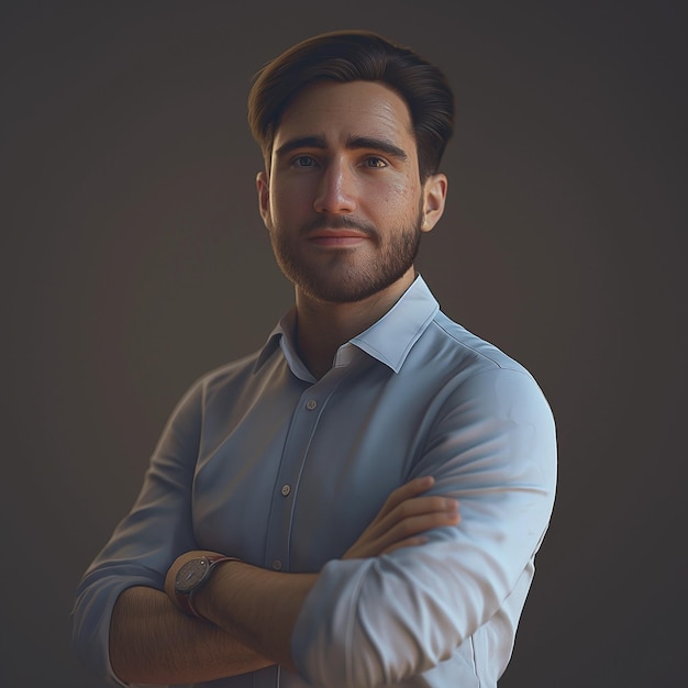 Arafed man with a beard and a blue shirt posing for a picture