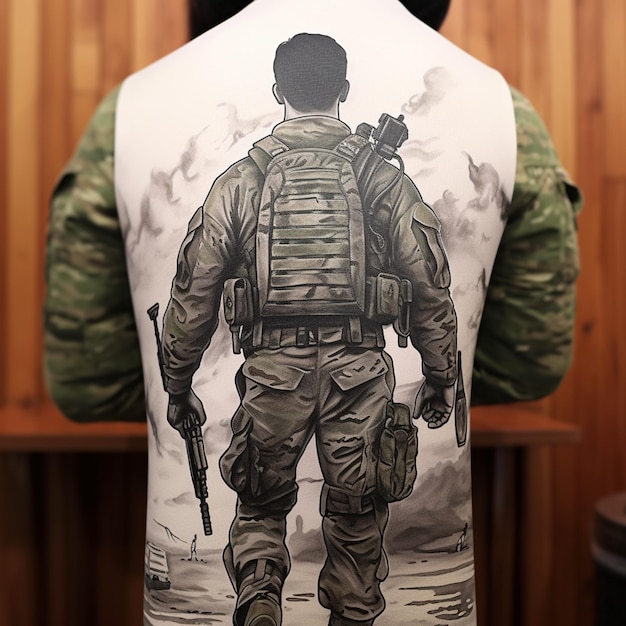 arafed man with a tattoo of a soldier on his back generative ai