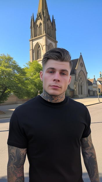 Arafed man with tattoos standing in front of a church