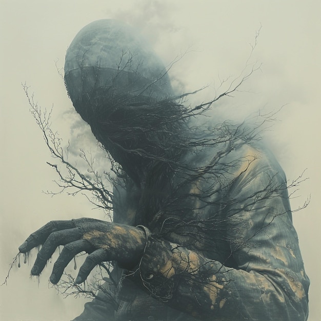 arafed man with a tree in his hands in a foggy area generative ai