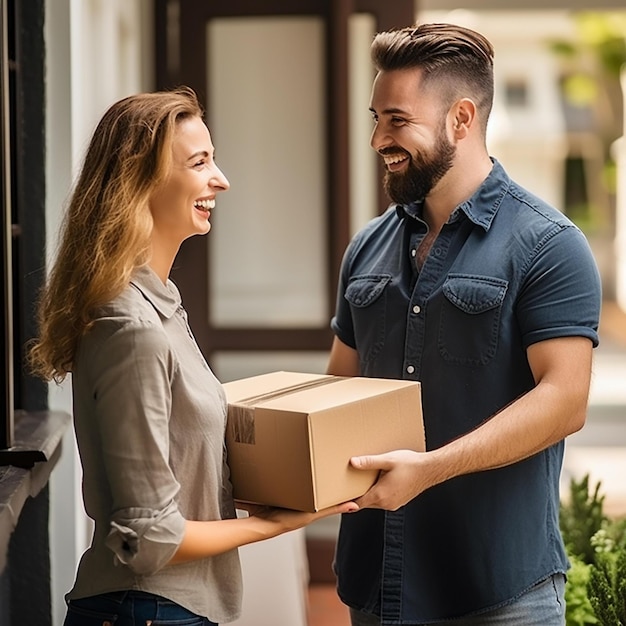 Arafed Man And Woman Holding A Box And Smiling