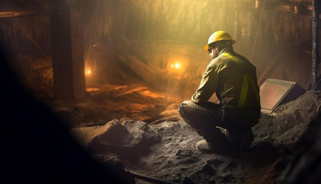 arafed man in a yellow hard hat and yellow jacket sitting on a pile of dirt generative ai