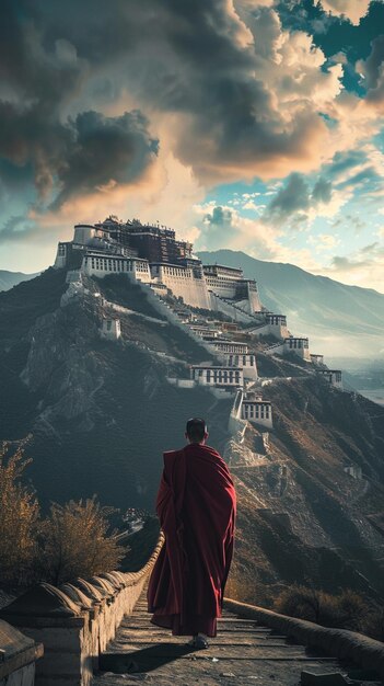 arafed monk walking on a stone walkway with a mountain in the background generative ai