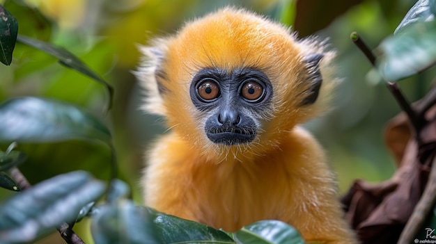 arafed monkey with a black face and yellow fur sitting in a tree generative ai